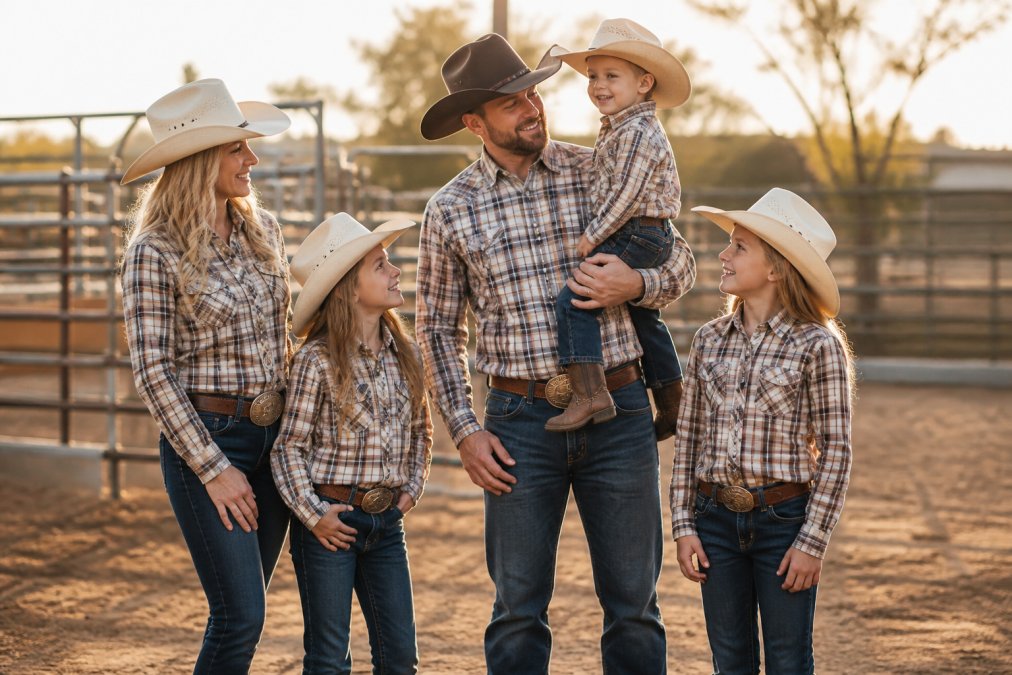 Family dressed in matching western attire at a rodeo event, showcasing coordinated plaid shirts, denim, and boots standing together with rodeo fencing and event signage in background, golden hour lighting