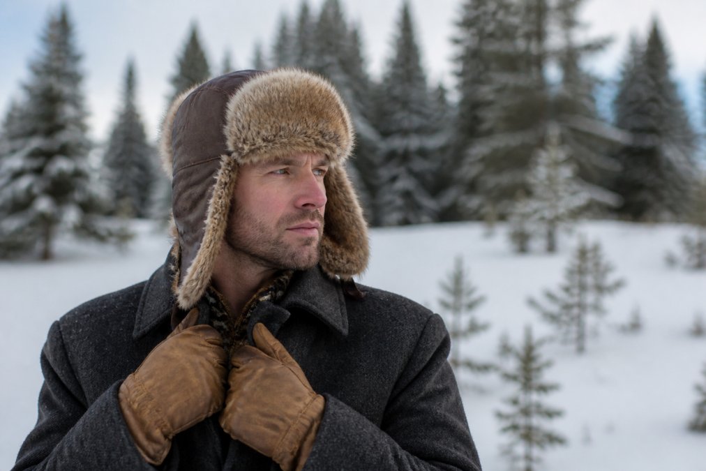 Close-up of a person wearing a fur trapper hat with ear flaps outdoors in a snowy, forested setting, with a wool coat and leather gloves visible