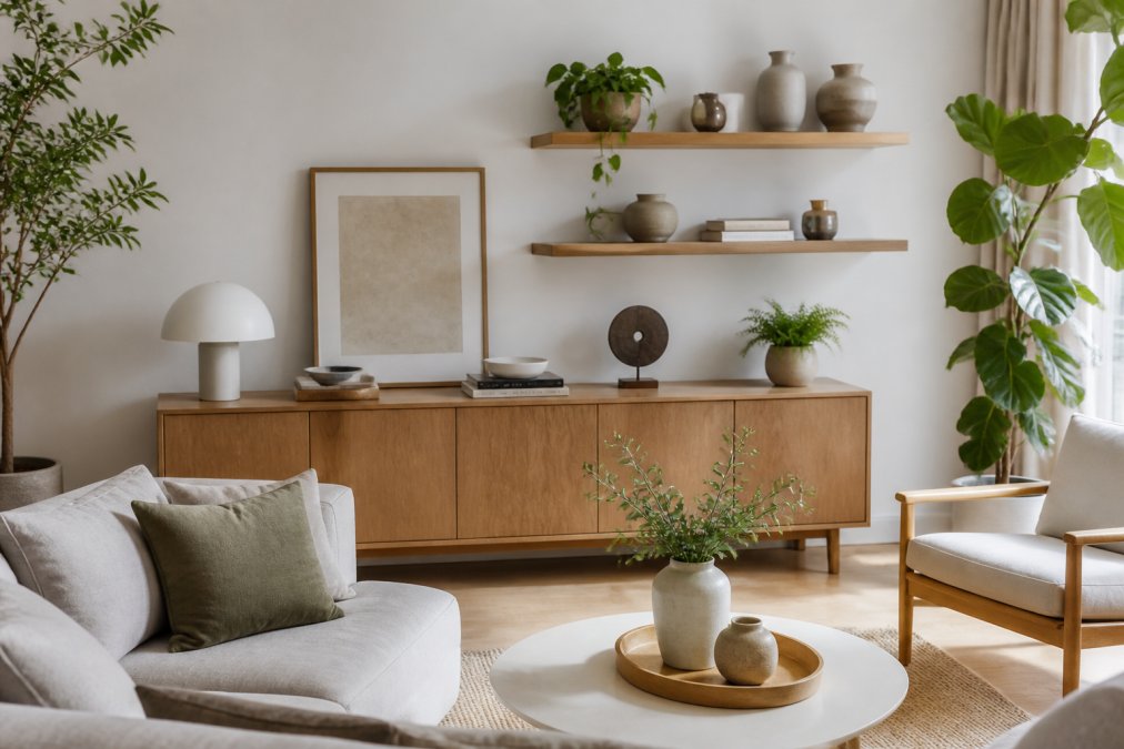 Bright, minimalist living room with modern furniture, plants, and carefully styled home accessories displayed on floating shelves and surfaces with natural window lighting
