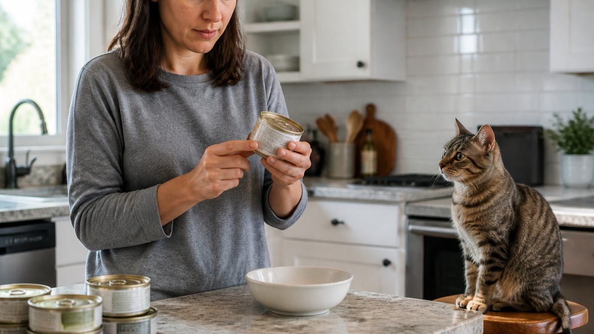 A person at a kitchen counter reading the ingredient label on a can of wet cat food while a cat waits nearby on a stool