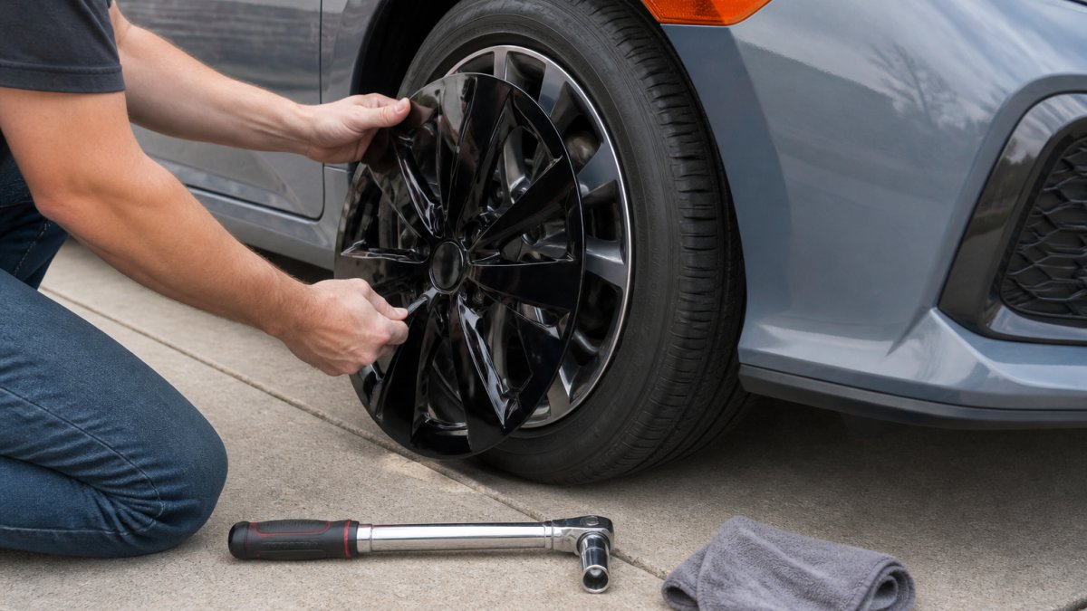 Close-up of hands pressing a gloss black wheel skin onto an 18-inch alloy wheel of a Honda Civic parked in a residential driveway, with a torque wrench and microfiber cloth on the ground nearby