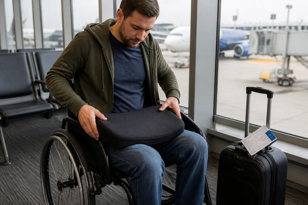 A traveler seated in a wheelchair at an airport gate, adjusting a memory foam seat cushion, with a carry-on bag and boarding pass visible nearby, soft overhead terminal lighting