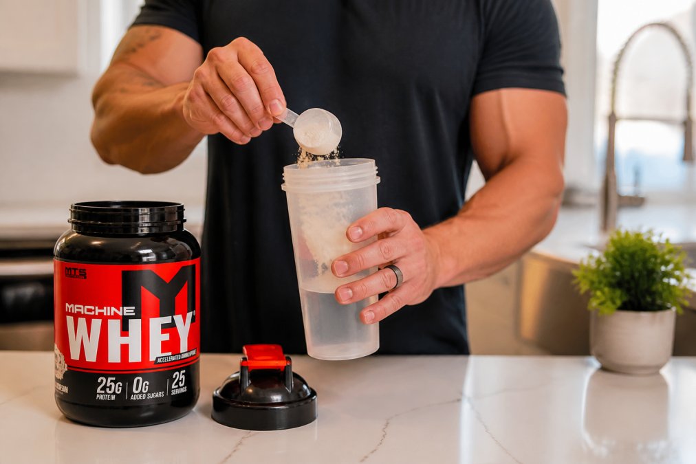 Person mixing whey protein powder in a shaker bottle with water, hands visible, bright kitchen lighting