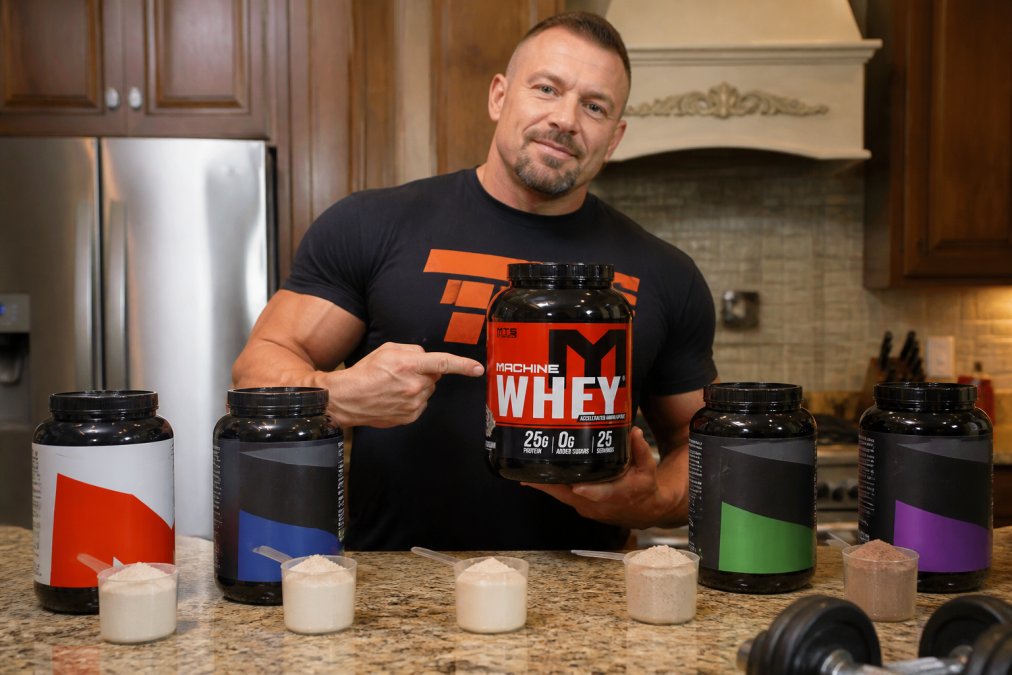 Flat lay of five different whey protein powder containers and scoops on a clean white surface with a gym dumbbell in the background