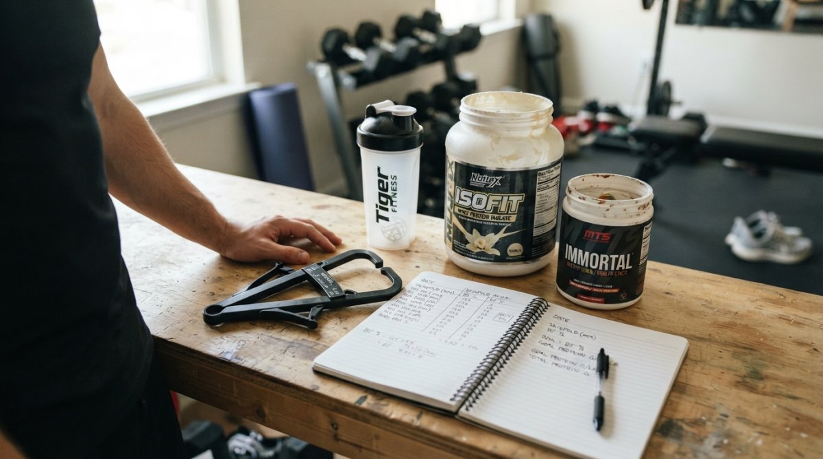 Fit athlete measuring body composition with calipers, tracking progress with a notebook and supplement containers nearby on a wooden desk with natural window lighting