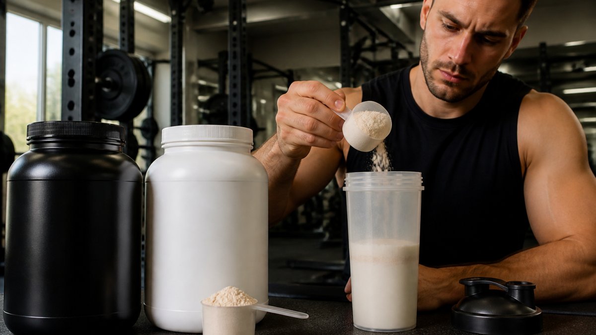 Fit individual in gym setting holding a shaker bottle with whey protein powder, preparing a muscle-building shake with focused intensity and determination
