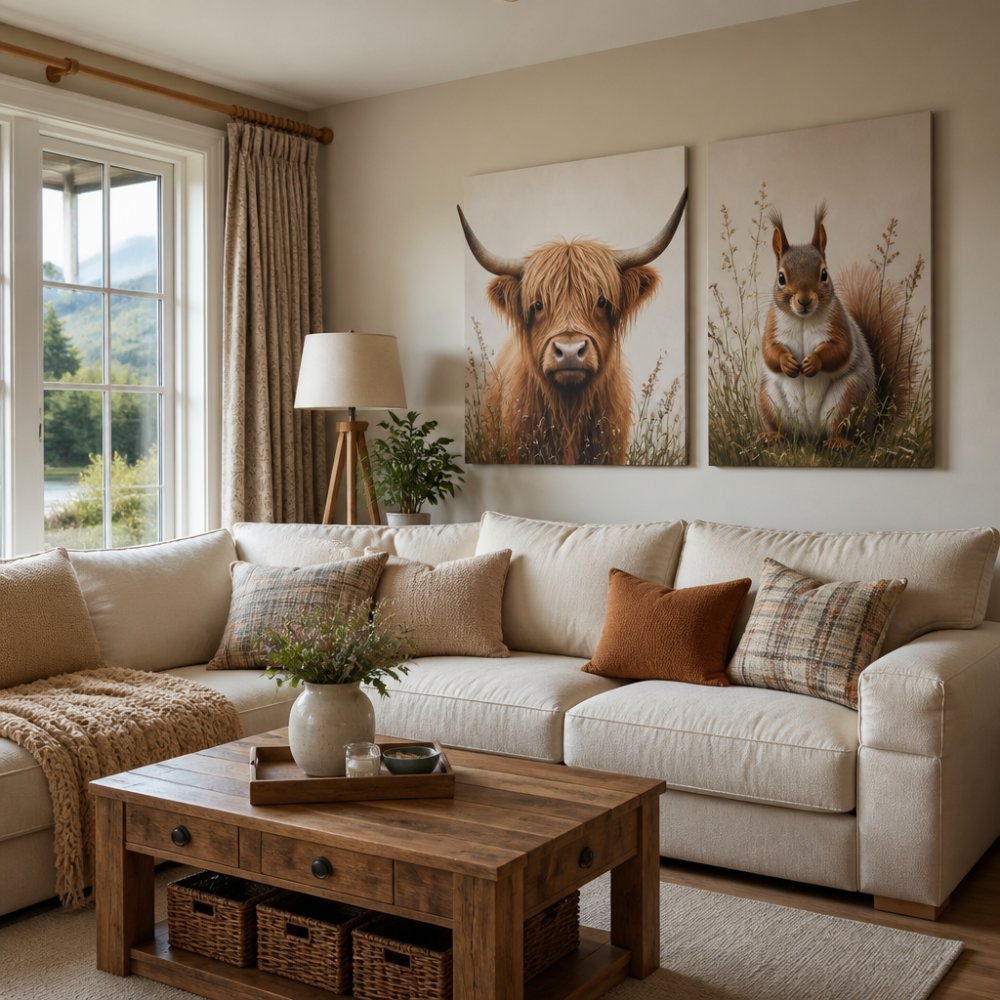 Cosy living room with whimsical Highland cow and squirrel canvas prints arranged on a feature wall above a cream linen sofa, soft natural light streaming through large windows, complemented by warm wooden furniture and soft furnishings