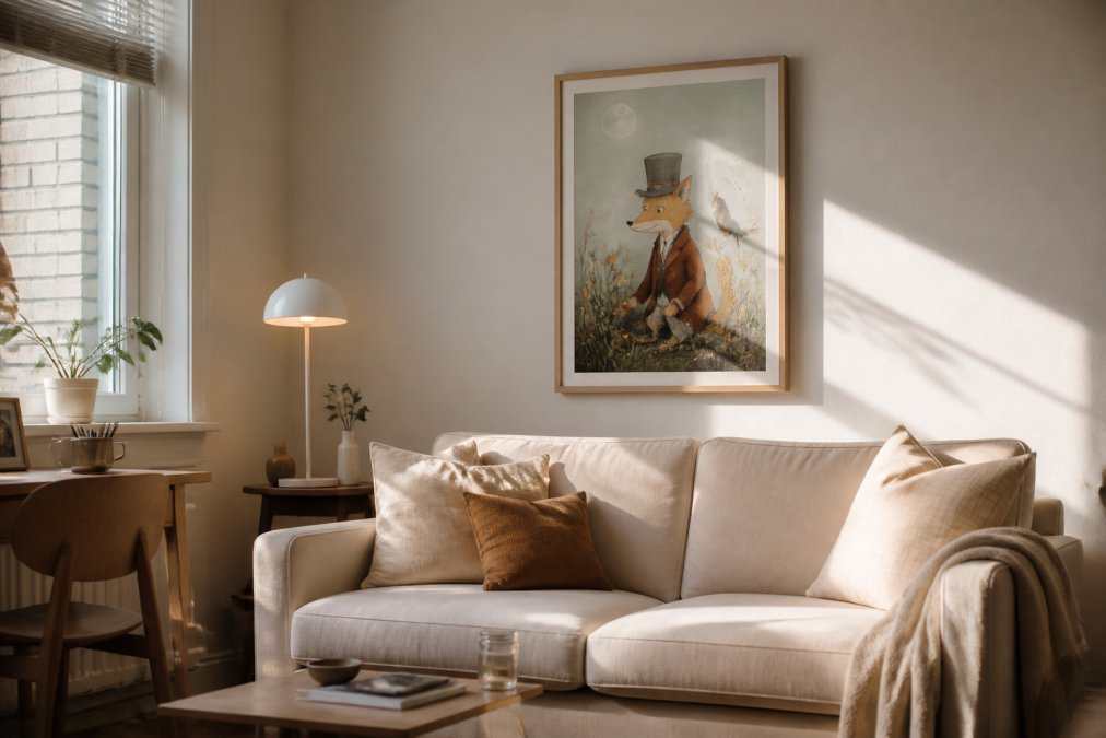 Cozy studio apartment with a single framed whimsical character art print positioned above a cream-colored sofa, surrounded by neutral walls and minimal furnishings, warm afternoon light creating soft shadows on the print