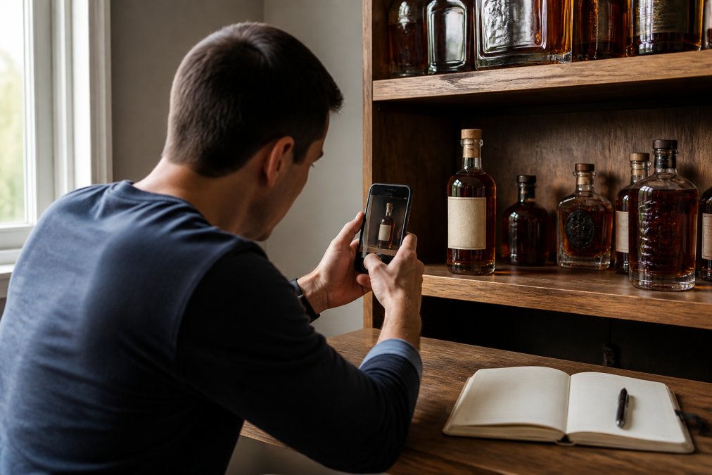 A collector in casual clothing photographing a whiskey bottle with a smartphone camera while it rests on a wooden shelf next to an open notebook and pen, with soft natural window lighting
