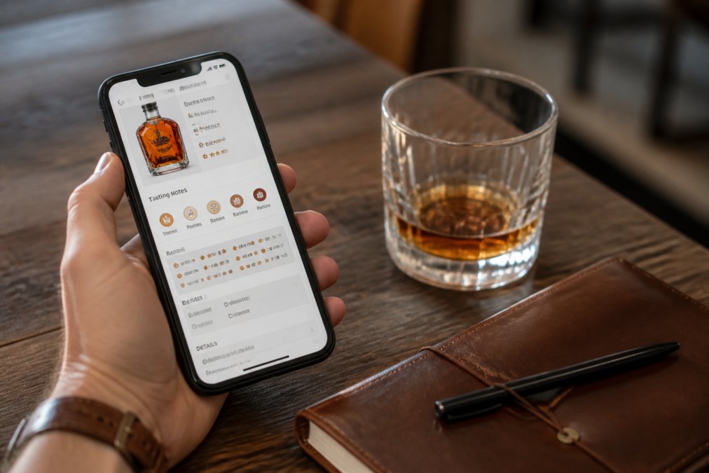 A hand holding a smartphone displaying a whiskey tracking app interface with tasting notes and bottle details visible on the screen, with a glass of whiskey and a leather notebook on a wooden table beside it
