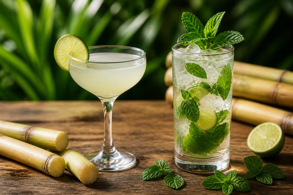 A freshly made daiquiri in a coupe glass garnished with a lime wheel, alongside a mojito in a highball glass with fresh mint, both on a rustic wooden surface with scattered sugar cane pieces