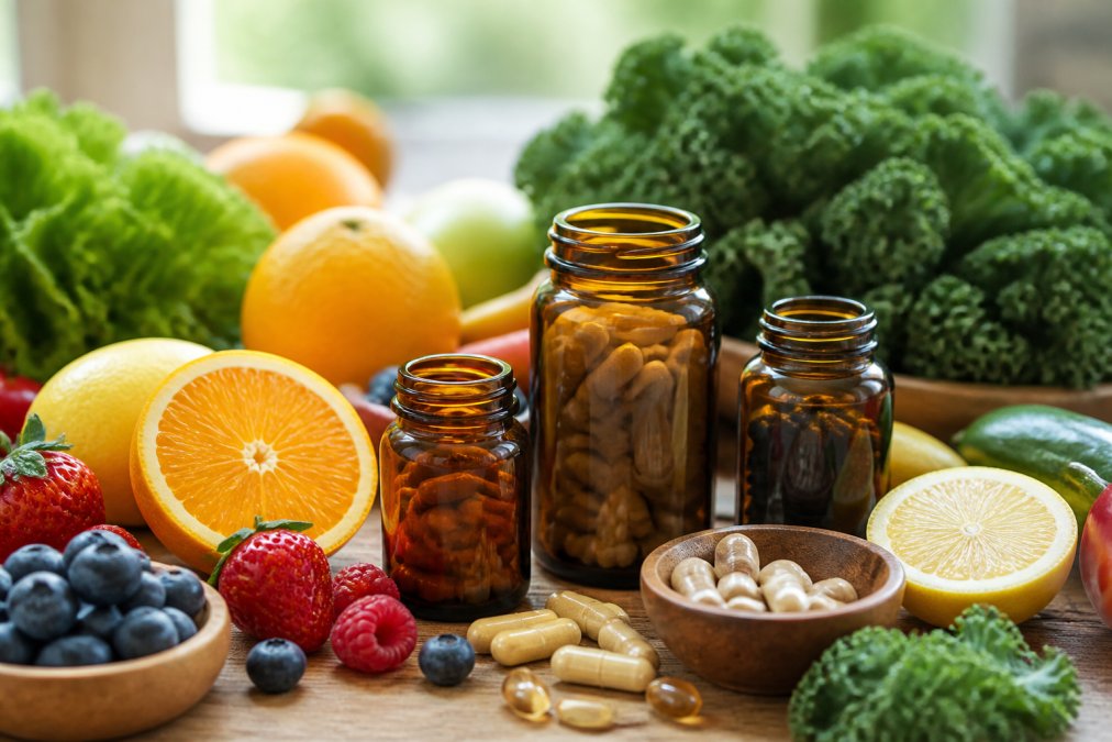 Close-up of several amber glass supplement bottles and capsules arranged on a wooden surface alongside fresh organic fruits and vegetables including kale, berries, and citrus slices in warm natural light