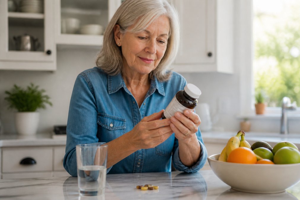 An adult woman in her 60s reading the supplement facts label on a vitamin bottle in a bright, clean kitchen, with a glass of water and a bowl of fresh fruit on the counter beside her