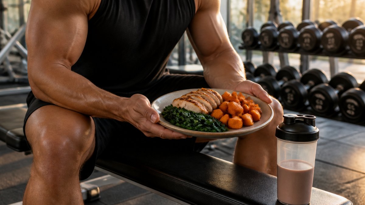 A lifter sitting on a gym bench with a post-workout plate of grilled chicken breast, roasted sweet potato, and spinach, shaker bottle nearby in a bright gym