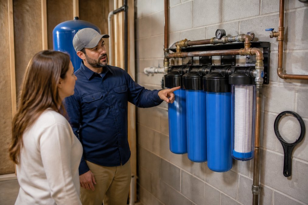 A homeowner and a water treatment technician examining a multi-stage whole home filtration system installed in a clean utility room, with visible filter housings and plumbing connections under warm overhead lighting