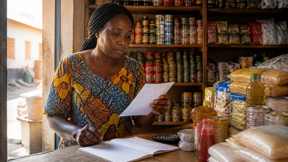 A small shop owner in Ghana reviewing a paper checklist beside shelves of stocked FMCG goods, notebook and pen on the counter, warm afternoon light through the shop doorway
