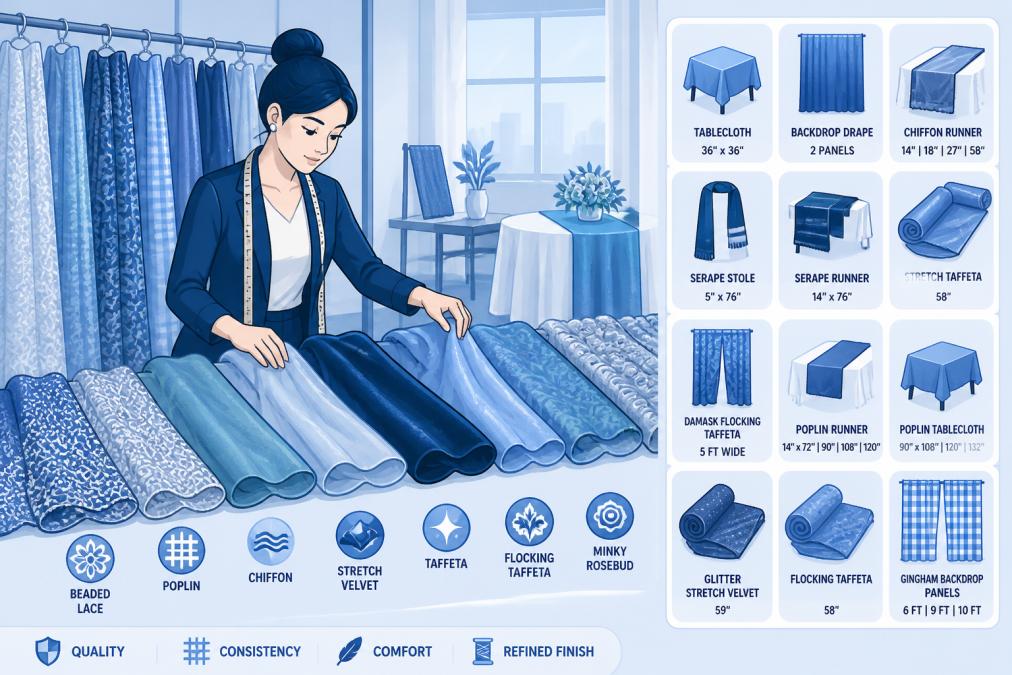Fashion designer examining and comparing fabric samples at a wholesale supplier showroom, hands feeling different textures and drape while natural light illuminates the materials