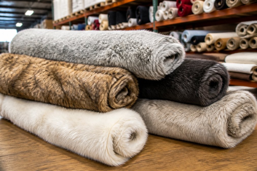 Close-up of luxurious faux fur fabric rolls in various pile lengths and colors, stacked on a wooden table in a bright fabric warehouse