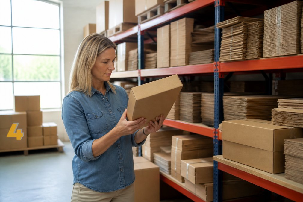 Retail store owner carefully examining cardboard boxes and packaging materials on warehouse shelves, inspecting product quality and dimensions with natural daylight streaming through large windows