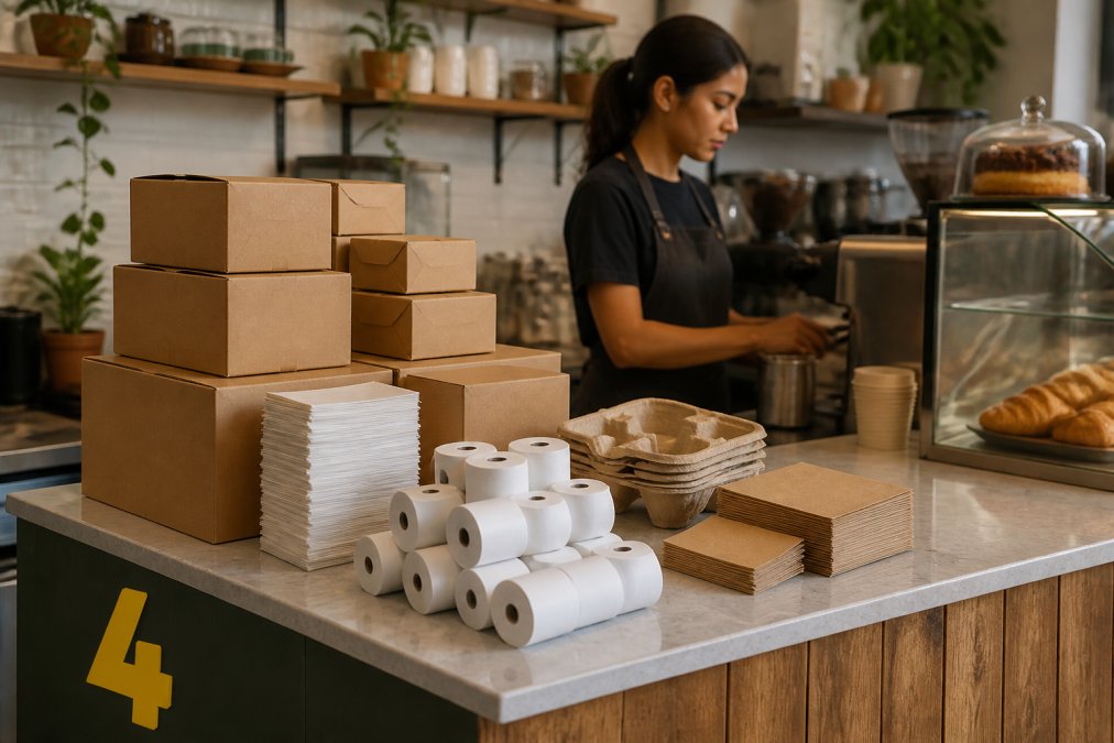 Small independent café counter displaying neatly stacked branded kraft boxes, till rolls, receipt paper, and protective packaging materials arranged for daily operations