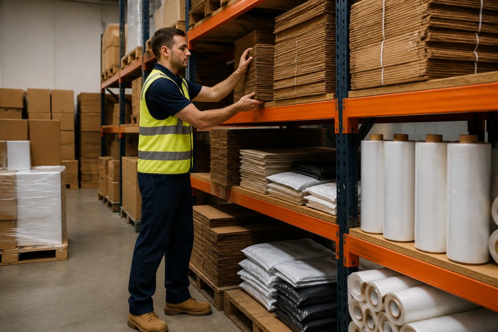 A warehouse worker organising stacks of corrugated cardboard boxes, mailing bags, and stretch film rolls on shelving units in a tidy, well-lit fulfilment warehouse