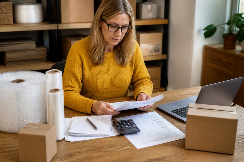 A small business owner at a desk reviewing packaging invoices and product samples including bubble wrap, pallet wrap, and cardboard boxes, with a laptop open beside them