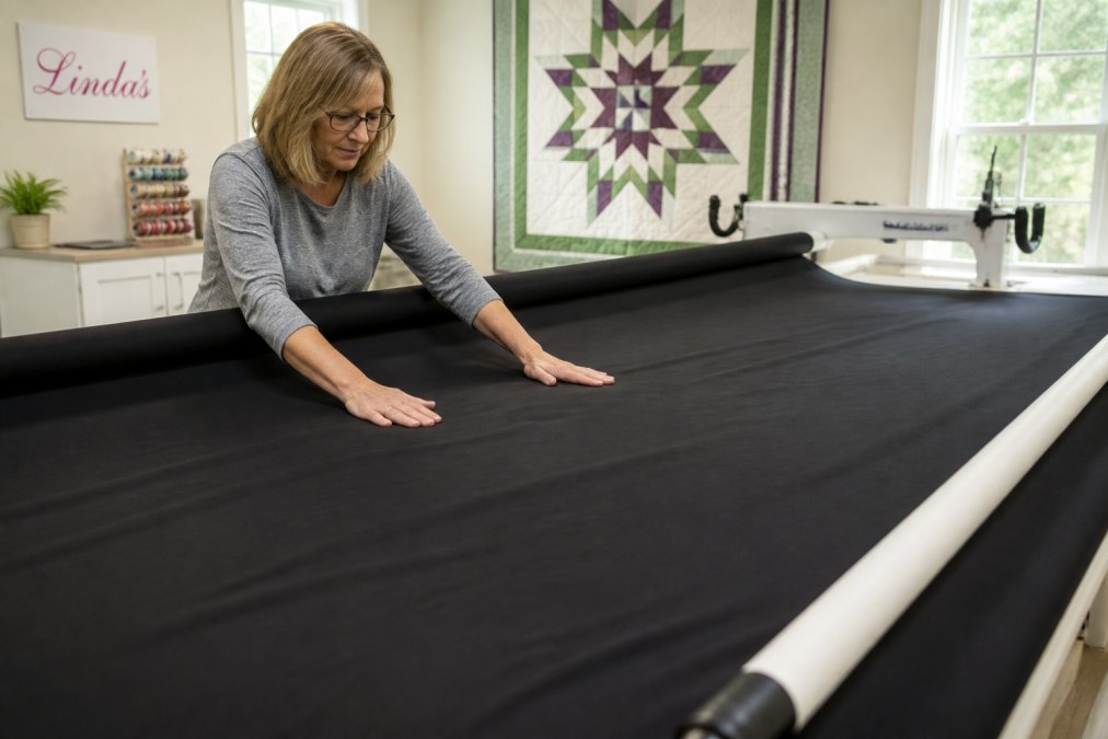 A quilter's hands smoothing a wide piece of black Kona cotton fabric across a large quilting frame in a bright sewing studio, with a finished queen-size quilt top visible in the background