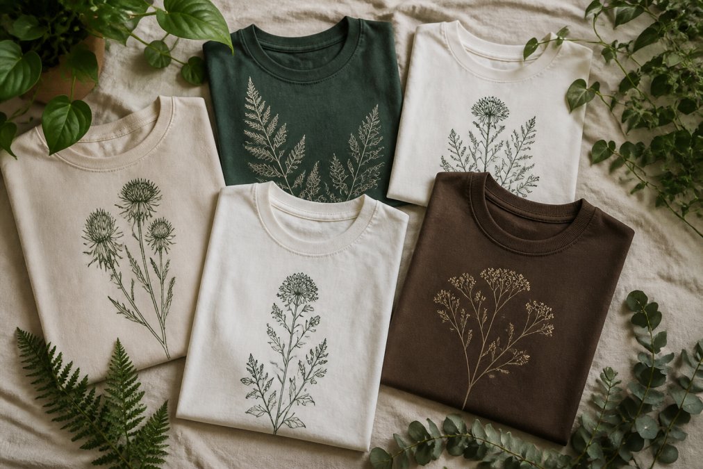 A flat lay of sustainably made botanical t-shirts and sweatshirts from different ethical brands, arranged on a neutral linen background with a few green plant leaves for a natural aesthetic