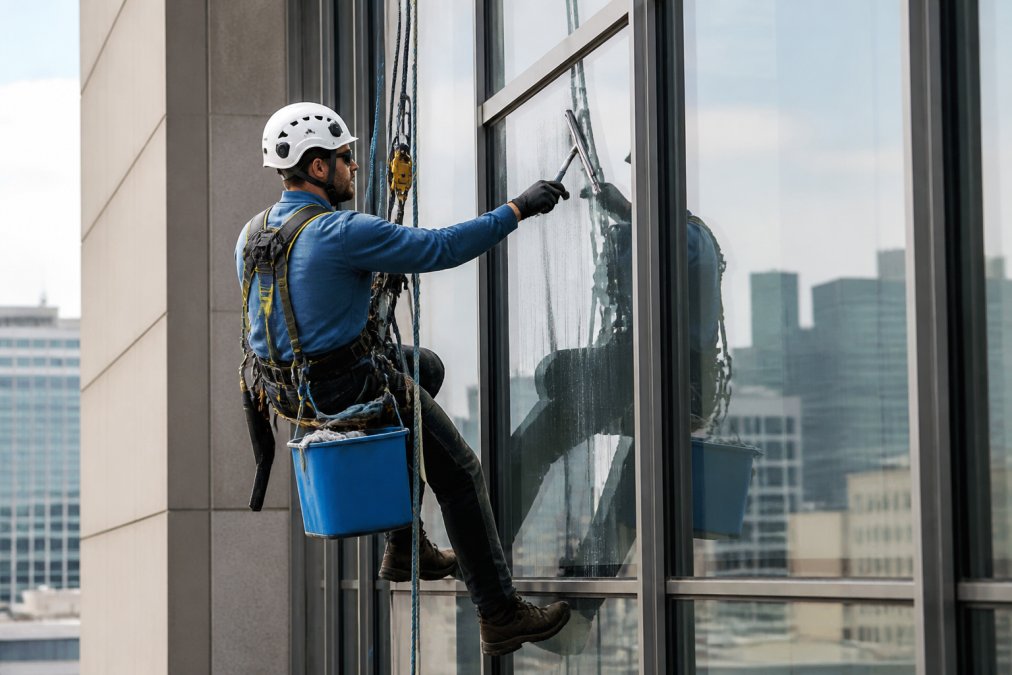 Professional window cleaner secured with full safety harness and hard hat, suspended on high-rise building exterior with rope access equipment, demonstrating proper OSHA-compliant safety protocols and anchor points