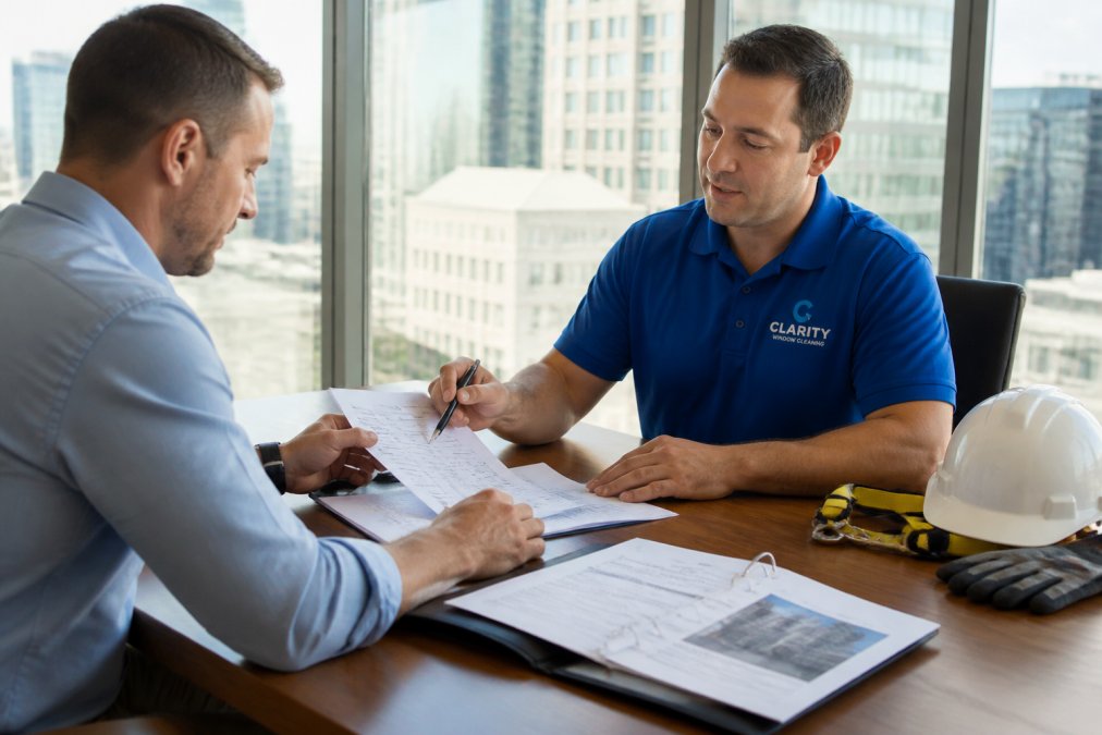 Facilities manager reviewing insurance certificates, safety documentation, and service proposals with commercial window cleaning contractor representative at office desk, demonstrating vendor vetting process