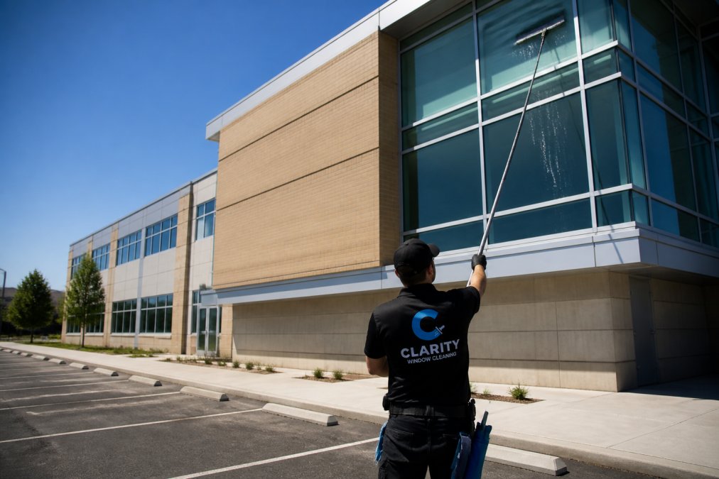 A professional window cleaner using a water-fed pole system on the exterior of a modern school building during summer break, with an empty parking lot and clear blue sky in the foreground