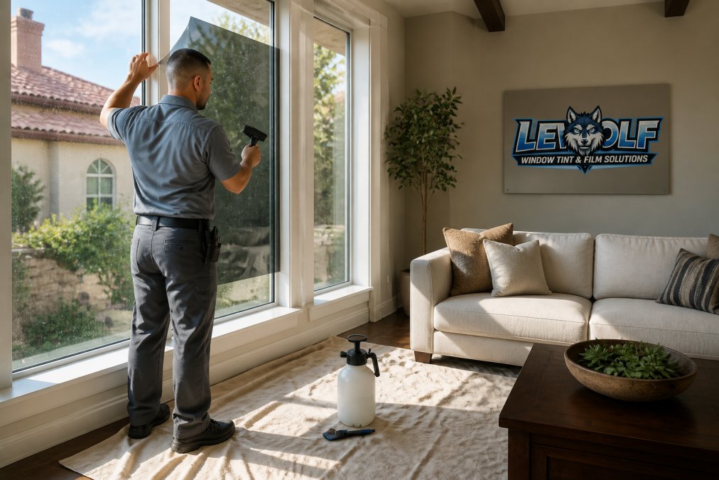 A professional installer in a gray uniform applying window film to a large residential window in a bright Texas living room, sunlight streaming through the glass, squeegee and solution bottle on a clean drop cloth