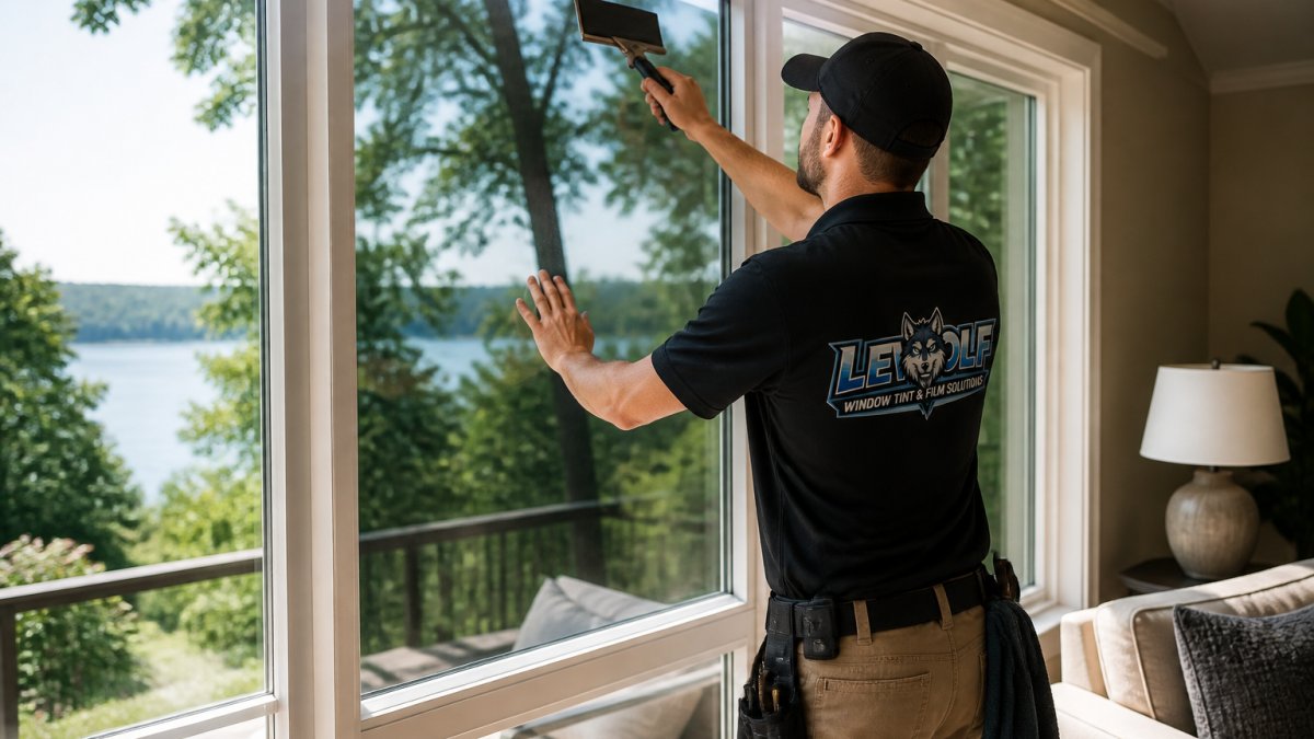 Professional installer applying the best window film for heat reduction to a bright residential living room window