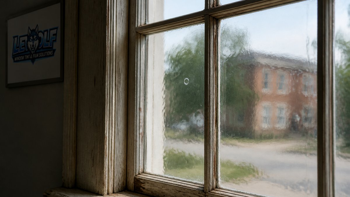 Close-up of an original single-pane window with visible glass imperfections, aged wood frame, and subtle ripples showing the delicate nature of historic glass