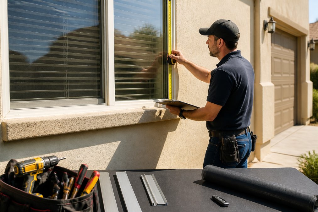 Professional technician measuring a window frame with precision tools, taking detailed notes on a clipboard for custom screen fabrication in bright Arizona sunlight