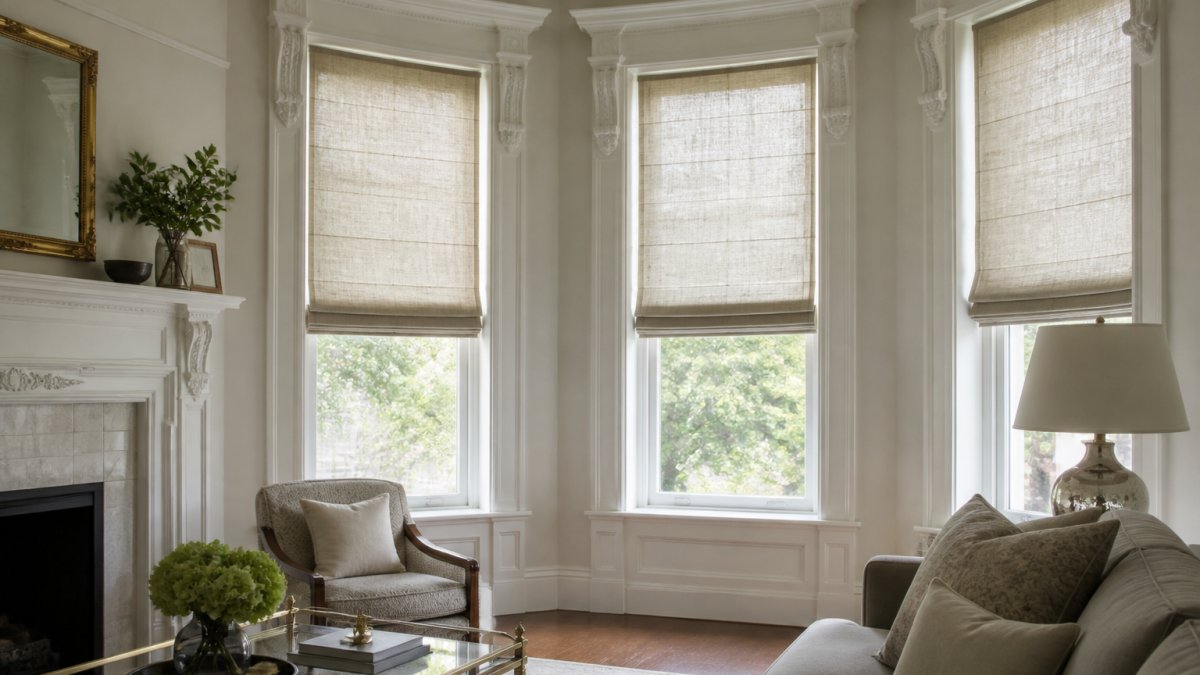 Traditional living room with tall historic windows dressed in soft Roman shades in neutral linen fabric, showing how the shade complements period molding and architectural details