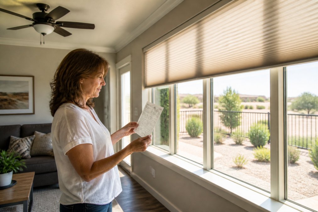 Homeowner checking a window rating label on efficient windows for hot climates in a sunlit living room