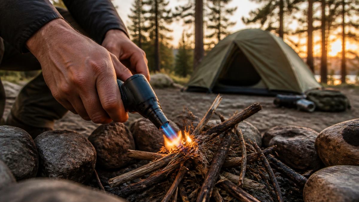Close-up of hands using a compact jet torch lighter to ignite kindling at a campsite, with a tent and pine trees blurred in the background during golden hour