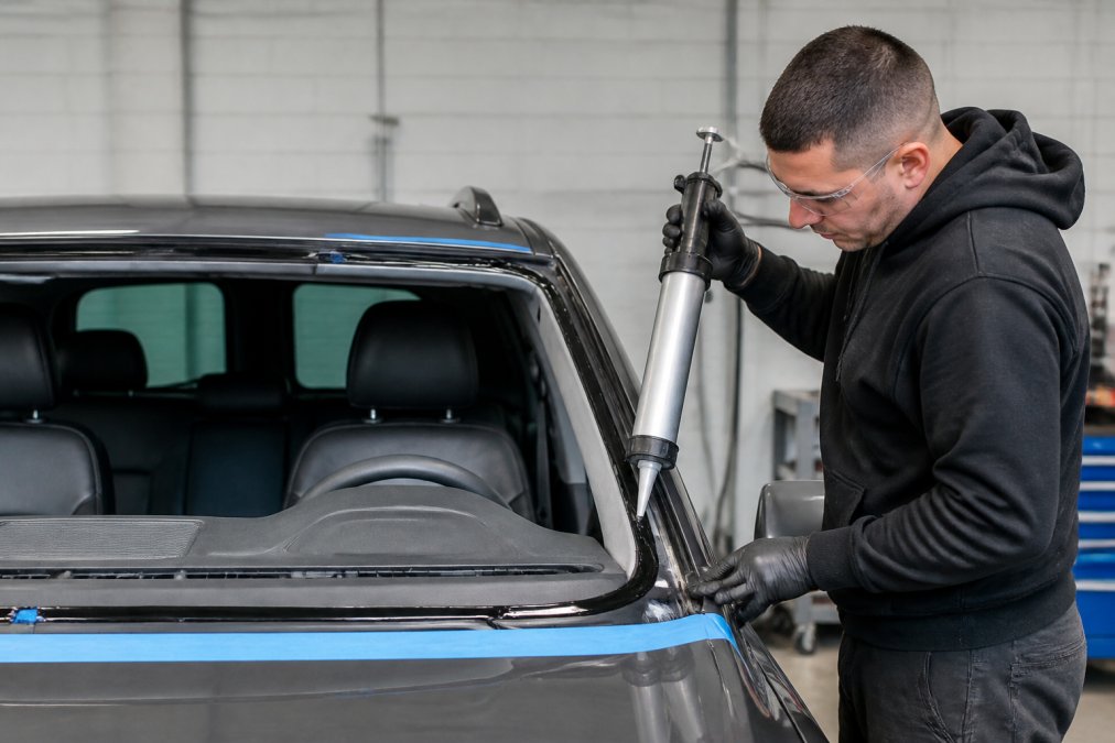 Skilled technician demonstrating proper urethane adhesive application and glass alignment during windshield installation on a vehicle, with precision tools and protective equipment visible in a well-lit service area