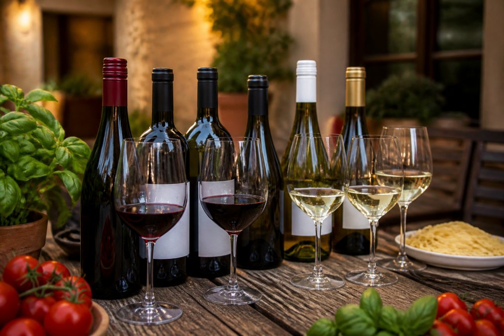 Selection of Australian wine bottles arranged on a rustic wooden table with wine glasses, fresh basil, tomatoes, and Italian pasta in the background, warm evening light