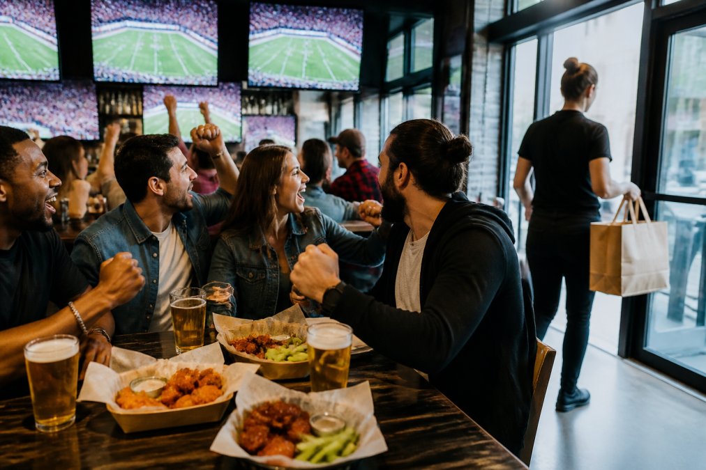 A lively sports bar interior with multiple big screens showing a football game, a group of friends cheering with wings and beer on the table, and a server carrying a takeout bag toward the door
