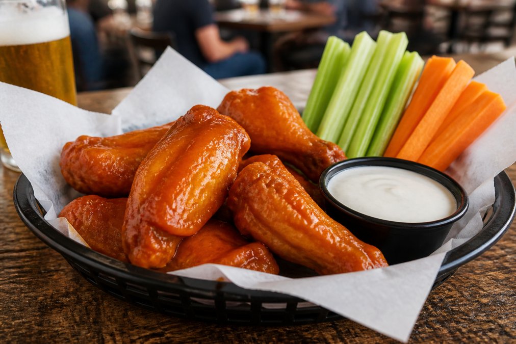 Close-up of a basket of crispy golden-brown chicken wings tossed in Buffalo sauce, served with celery sticks, carrots, and a side of blue cheese dressing on a rustic wooden table in a lively sports bar