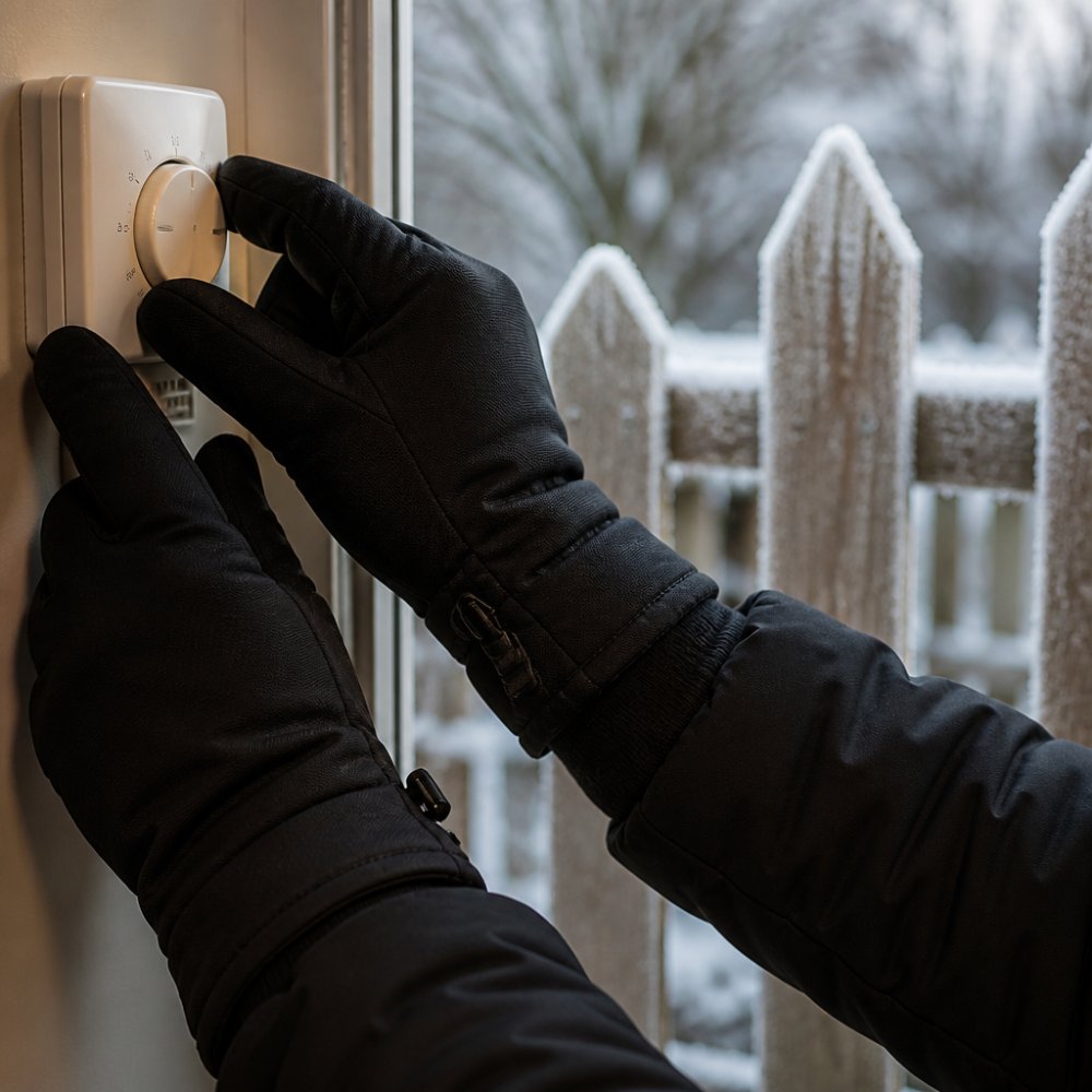 Close-up of hands wearing black heated gloves while adjusting the thermostat control, with a cold outdoor background showing frost on a wooden fence