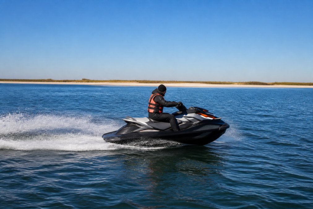 A rider in a dark wetsuit and orange life jacket steering a jet ski across calm Gulf water under bright winter sunlight, with a clear blue sky and a distant sandbar