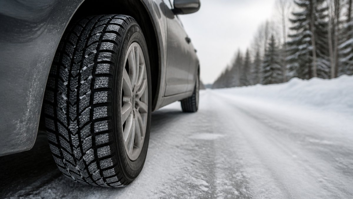 Close-up of a studless winter tire mounted on a passenger car, tread pattern visible, parked on a plowed road with packed snow and ice in the background on a cold overcast morning