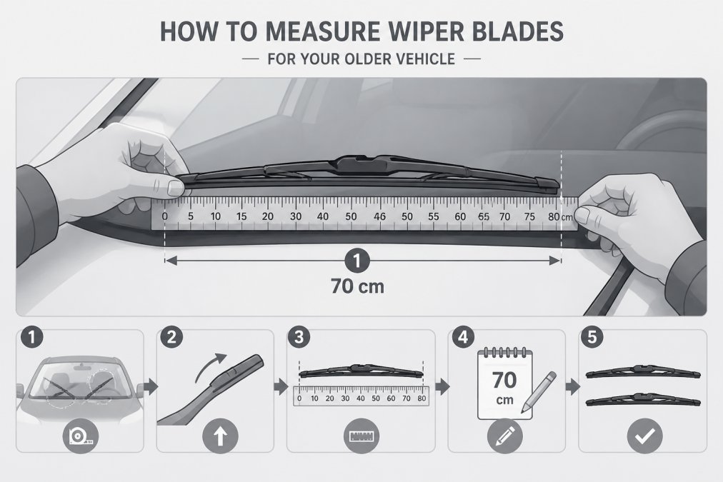 Close-up of a person's hands measuring a wiper blade against a ruler on a vehicle's windscreen, showing the measurement process clearly with natural daylight
