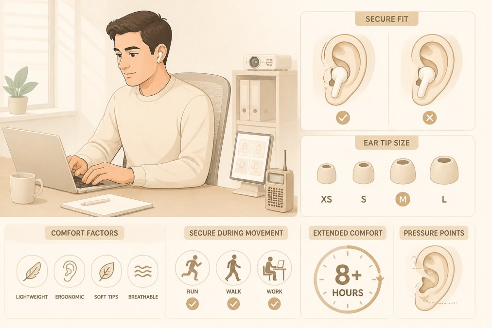 Person wearing wireless earbuds while working at a desk, showing proper fit and secure positioning during extended work hours with natural office lighting