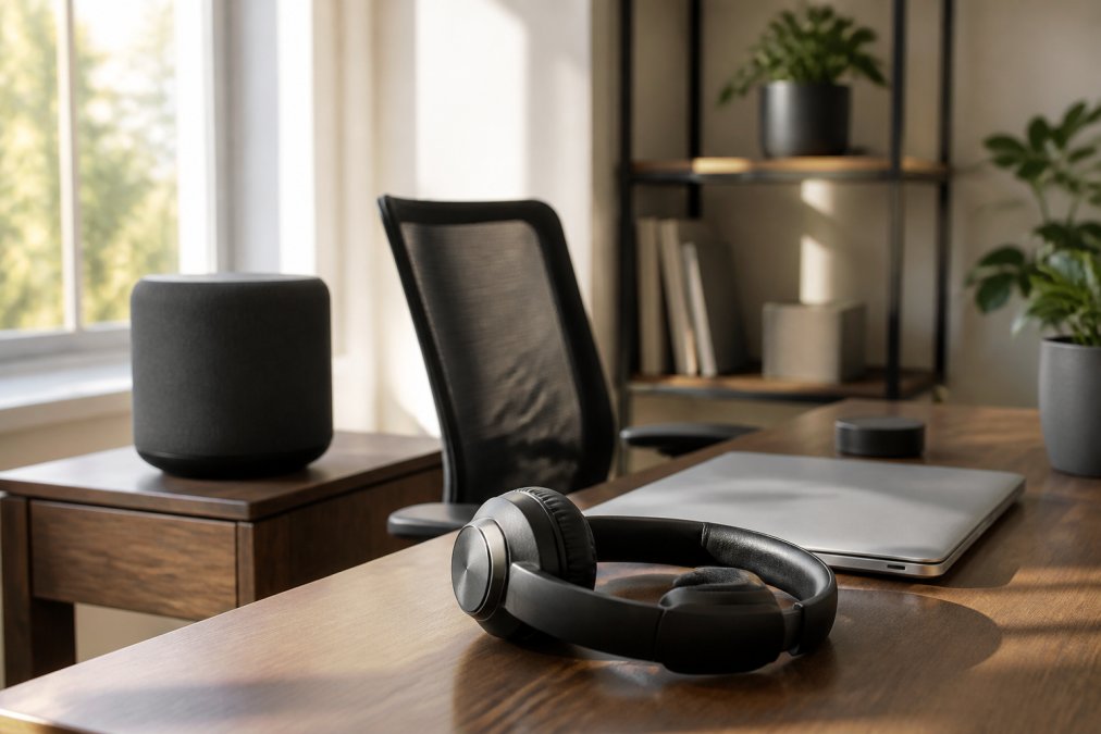 A clean, modern home office desk with a high-end wireless speaker on a side table next to a laptop, a professional wireless headset resting on the desk, and soft natural light streaming through a window