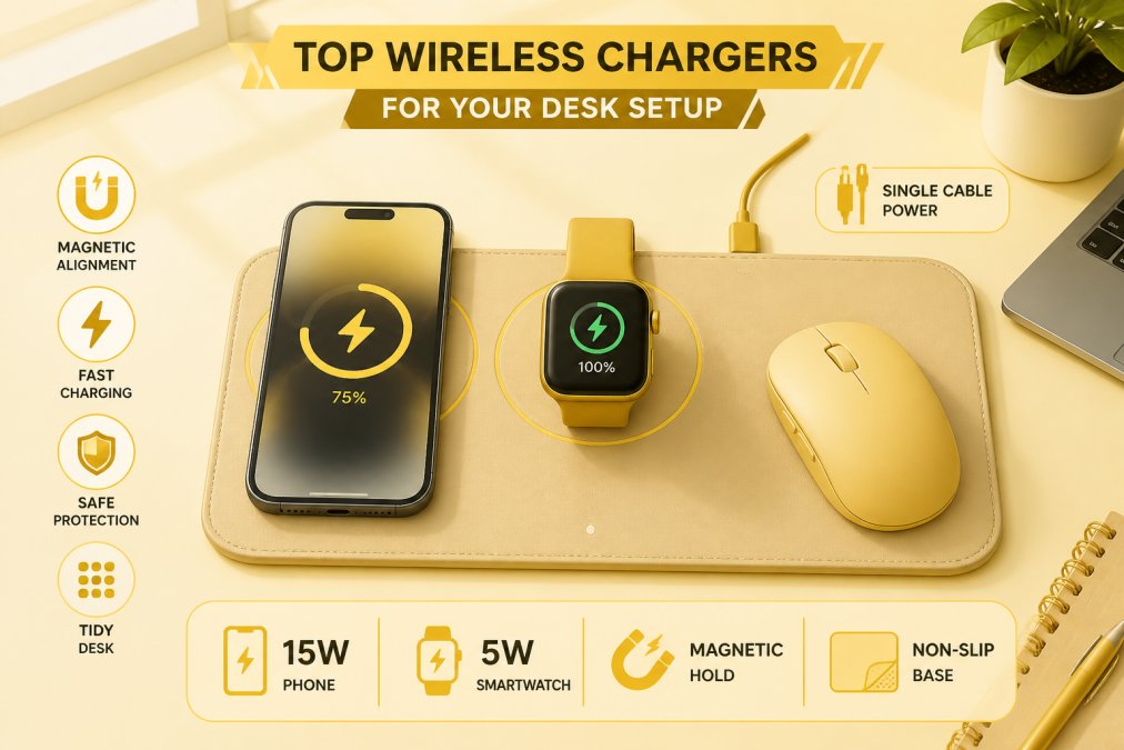 Professional workspace with clean desk setup showing a smartphone and smartwatch charging on a magnetic wireless charger mouse pad, with minimal cable clutter and natural office lighting