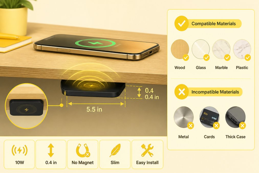 Close-up view of an invisible under-desk wireless charger mounted beneath a wooden desk surface with a smartphone placed on top showing active charging indicator